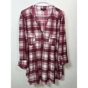 Cocomo Womens 3X Red Plaid  Top 3/4 Roll Tab Sleeve Liquid Neck Stretch Career